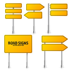 Road yellow traffic signs set. Blank board with place for text. Mockup. Isolated information sign. Direction. Vector illustration.