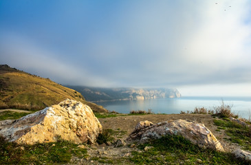 Summer crimean landscape, nearby to Sevastopol city, Balaklava. Black sea coastline, mountains of south coast of Crimea.