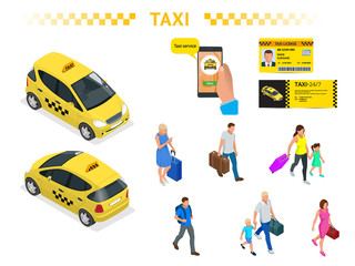 A large set of isomeric images of a taxi car, traveling people with baggage, a mobile taxi call application, a taxi license and a flyer. Character set. Active recreation and travel.