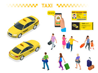 Fototapeta premium A large set of isomeric images of a taxi car, traveling people with baggage, a mobile taxi call application, a taxi license and a flyer. Character set. Active recreation and travel.