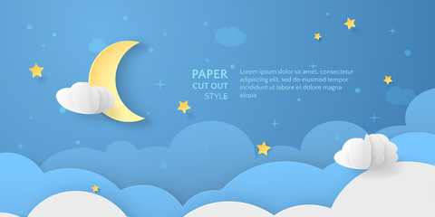 Fototapeta na wymiar Vector night scene with realistic paper clouds, 3D moon and stars. Blue horizontal background in paper cut style for design of flyers and travel newsletters.