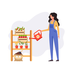 Woman gardener character watering plant. Farming concept. Vector flat graphic design cartoon illustration