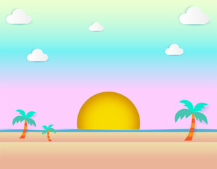 PrintBeautiful sunset at beach, sea view and sunset seascape and natural pastel color scheme background flat design vector illustration . paper cut and craft style.