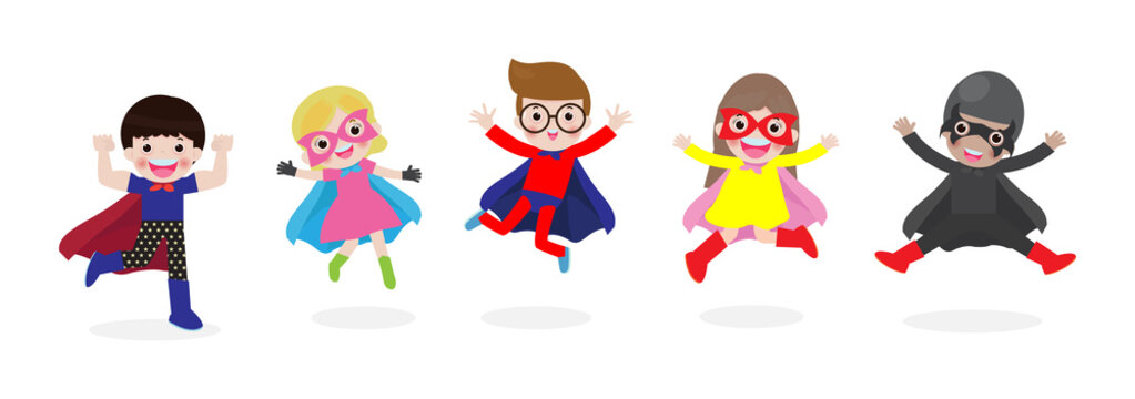 PrintCartoon set of Kids Super heroes wearing comics costumes. children in Superhero costume characters isolated on white background, vector illustration