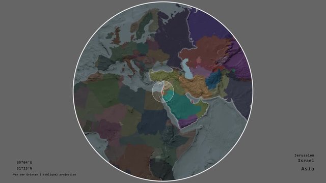 Israel and its capital circled and zoomed on the global administrative map in the van der Grinten I projection with animated oblique transformation. Animation 3D