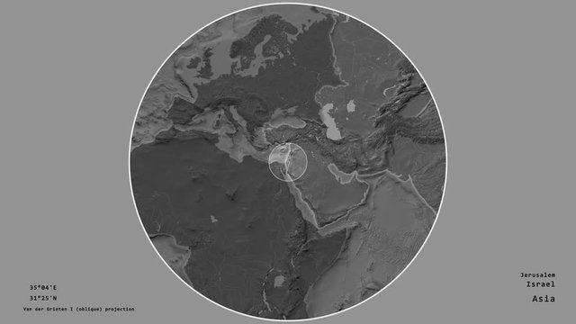 Israel and its capital circled and zoomed on the global bilevel map in the van der Grinten I projection with animated oblique transformation. Animation 3D