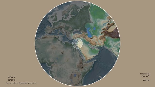 Israel and its capital circled and zoomed on the global physical map in the van der Grinten I projection with animated oblique transformation. Animation 3D