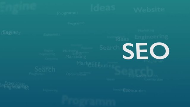 Light blue background with different words, which deal with Search Engine Optimization. The bold shimering word is situated on the right side of composition. Close up. Copy space. 3D. Animatiom. 4K.