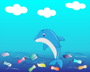 dolphin in polluted water with plastic