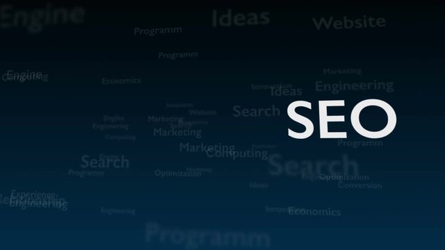 Deep blue background with different words, which deal with Search Engine Optimization. The bold shimering word is situated on the right side of composition. Close up. Copy space. 3D. Animatiom. 4K.