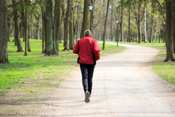Fototapeta premium elderly man doing jogging in the Gatchina park. Running - as part of a healthy lifestyle