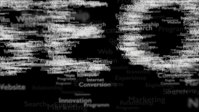 Black background with different words, which deal with Search Engine Optimization. Close up. Copy space. 3D. Animatiom. 4K.
