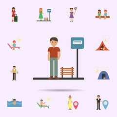 Bus stop, man cartoon icon. Universal set of travel for website design and development, app development