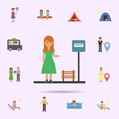 Woman, bus stop cartoon icon. Universal set of travel for website design and development, app development