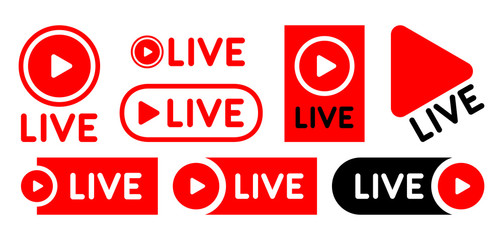 Live stream icon with play button. Vector emblem tag set.