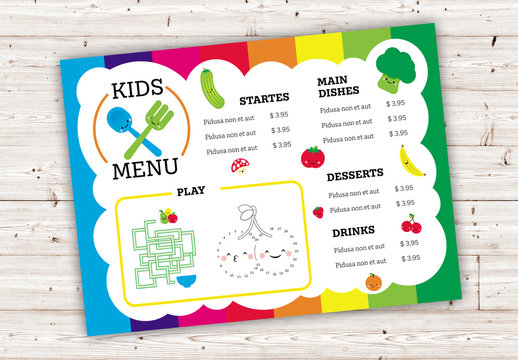Colorful Kids Menu Layout with Fruits and Vegetables