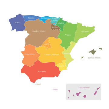 Political divisions of Spain. Map of regional country administrative divisions. Colorful vector illustration