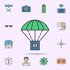 Fototapeta na wymiar Package parachute airdrop colored neon icon. Elements of virtual reality set. Simple icon for websites, web design, mobile app, info graphics