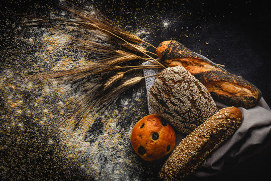 Natural Assortments of homemade breads. Flat lay. From above