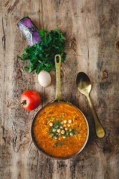 Traditional Harira soup for Ramadan. Halal. Eid. Muslim Homemade. From Arabia. Flat lay. From above