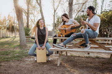 Young man and women with musical instruments sitting near table and laughing on sunny day in park
