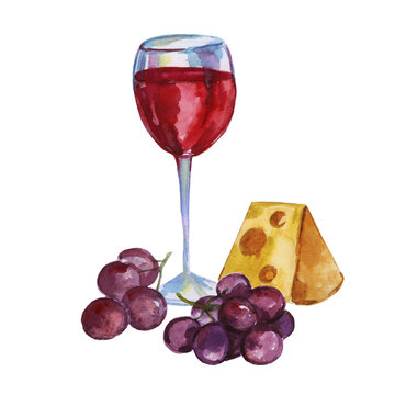 Watercolor glass of red wine with cheese, and blue grapes. Kitchen still life. Hand painted design isolated on white background 