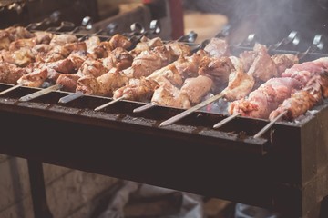 Kebab meat cooking grilled food,  coals.