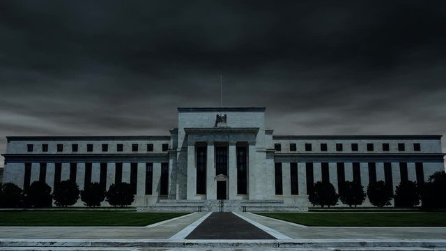Dramatic storm clouds over the Federal Reserve Board Building in Washington D.C.
