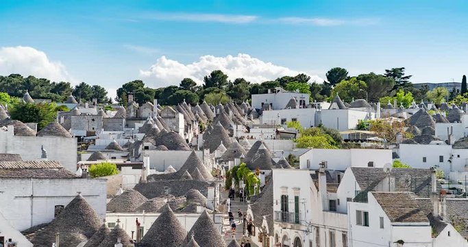 Alberobello, Apulia, Italy. Time lapse view of the famous italian south city of the trully houses