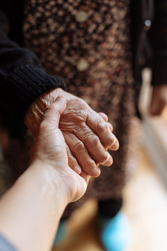 Grandson holding his grandmother's hand