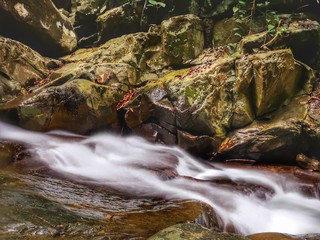 Beautiful silky smooth waterfall stream in the jungle of rainforest Sabah, Borneo.