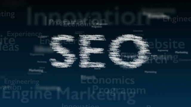 Deep blue background with different words, which deal with Search Engine Optimization. Close up. Copy space. 3D. Animatiom. 4K.
