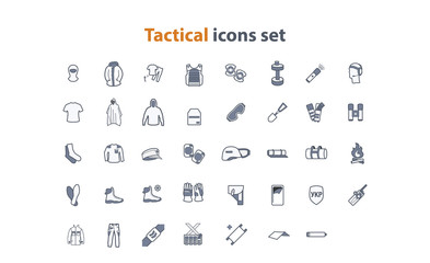 Tactical web icons set in flat style with equipment, clothing and recreative stuff.  Can be used in infographic, web or design