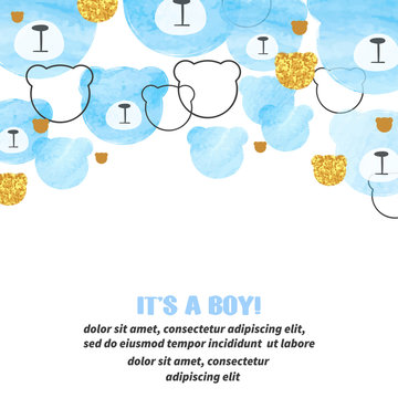 Baby Shower boy card design with abstract watercolor blue bears.