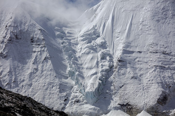 Snow Mountain, Massive Glacier, Wall of Ice, Mountain Cliff Face covered in ice, blue glacial ice, pure white snow covered landscape, high altitude landscape, avalanche risk, melting glaciers
