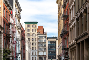 Street view of historic buildings on Broadway in the Tribeca neighborhood of Manhattan in New York...