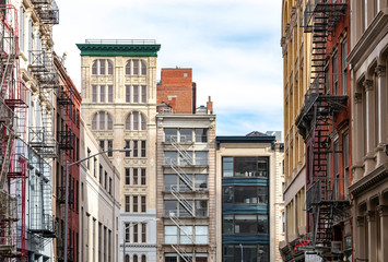 Street view of historic buildings on Broadway in the Tribeca neighborhood of Manhattan in New York...