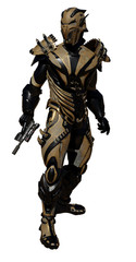 Science fiction illustration of an alien warrior figure wearing bronze space armour, 3d digitally rendered illustration