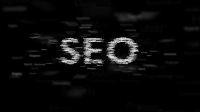 Black background with different words, which deal with Search Engine Optimization. Close up. Copy space. 3D. Animatiom. 4K.