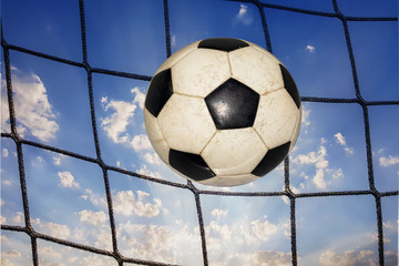soccer ball flies into the net against the sky