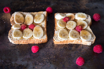 Banana and cinnamon toast with raspberry