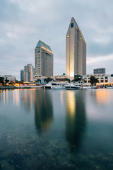 View of the downtown skyline at night from Embarcadero Marina Park North, in San Diego, California
