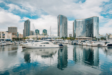 Modern buildings and marina at the Embarcadero in San Diego, California