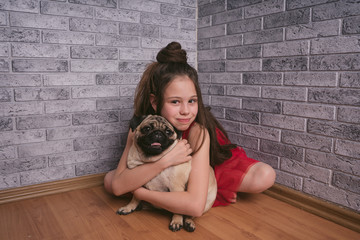 Child and puppy are happy. Animal care concept. Pet dog pug and little girl love each other and play together. Dog man's best friend.