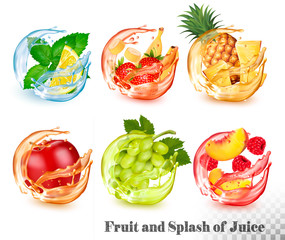 Set of mint and fruit in a water and juice splash. Mint and lemon, strawberry and banana, pineapple, apple, grapes, peach and raspberry. Vector © ecco