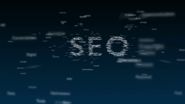 Deep blue background with different words, which deal with Search Engine Optimization. The bold word is appearing from nowhere. Close up. Copy space. 3D. Animatiom. 4K.