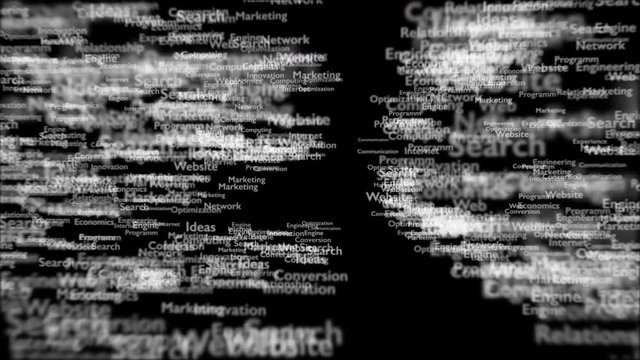 Black background with different words, which deal with Search Engine Optimization. The bold word is appearing from nowhere and is glowing. Close up. Copy space. 3D. Animatiom. 4K.