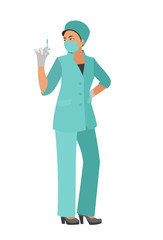 Young nurse in light green medical uniform with syringe in her hands is going to make an injection. Doctor checks the drug in the syringe before the procedure, white background. Vector illustration