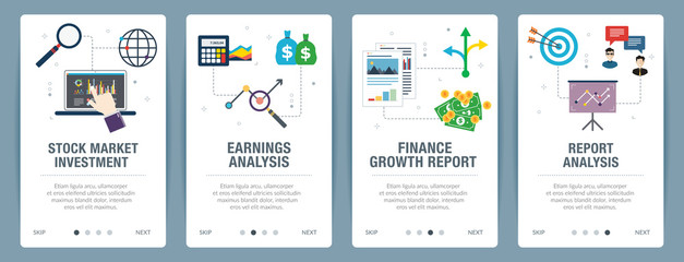 Vector set of vertical web banners with stock market investment, earnings analysis, finance growth, report analysis. Vector banner template for website and mobile app development with icon set.