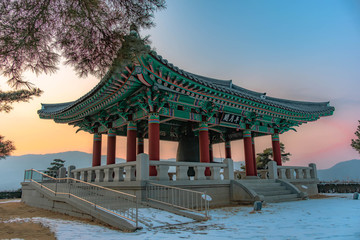 old bells are stored in the pavilion. in pocheon south korea,
